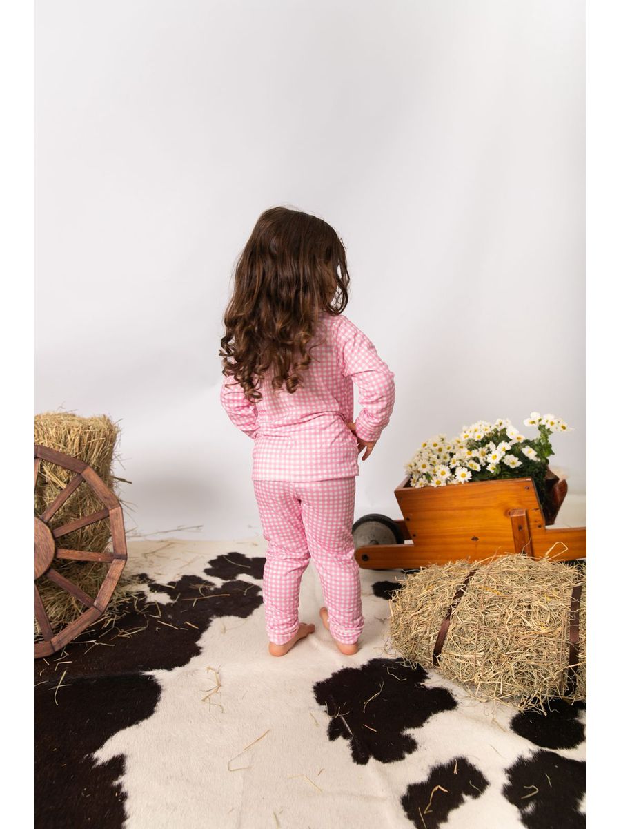 Pijama Infantil Unissex Americano Longo Xadrez Branco e Rosa