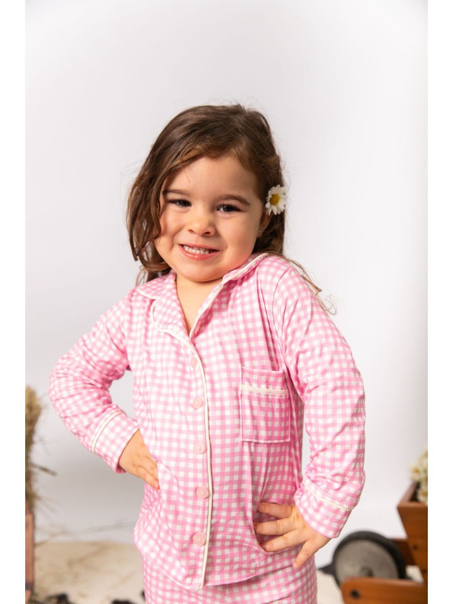 Pijama Infantil Unissex Americano Longo Xadrez Branco e Rosa