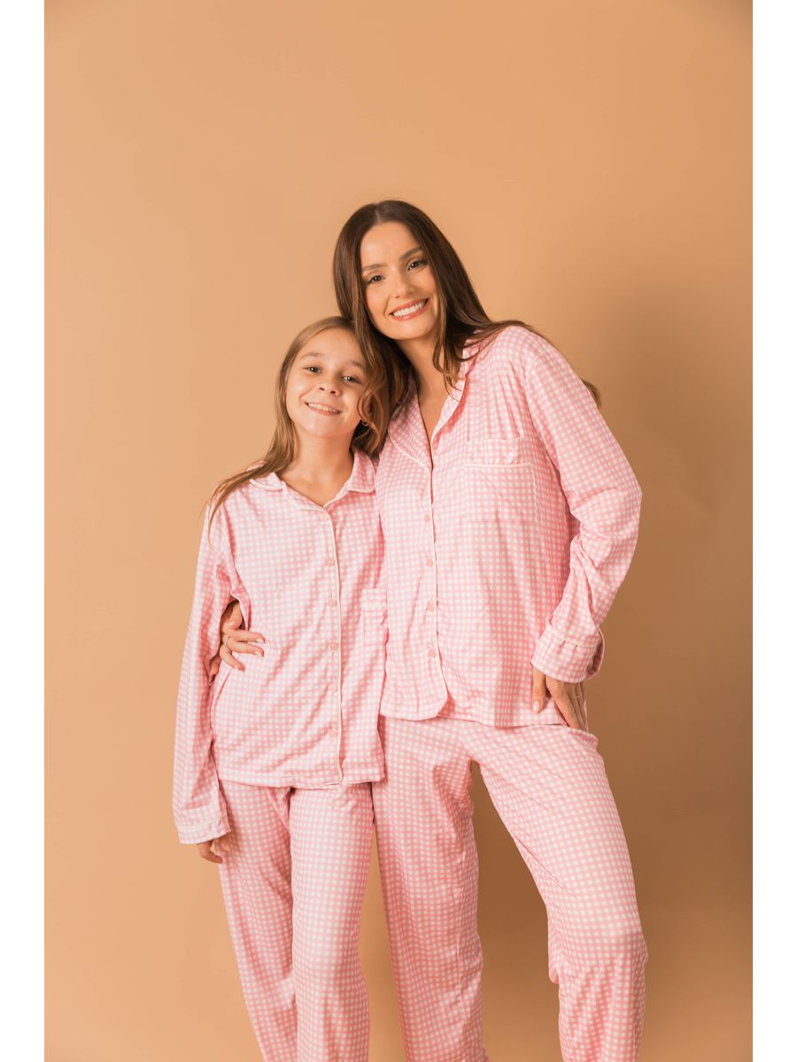 Pijama Infantil Unissex Americano Longo Xadrez Branco e Rosa