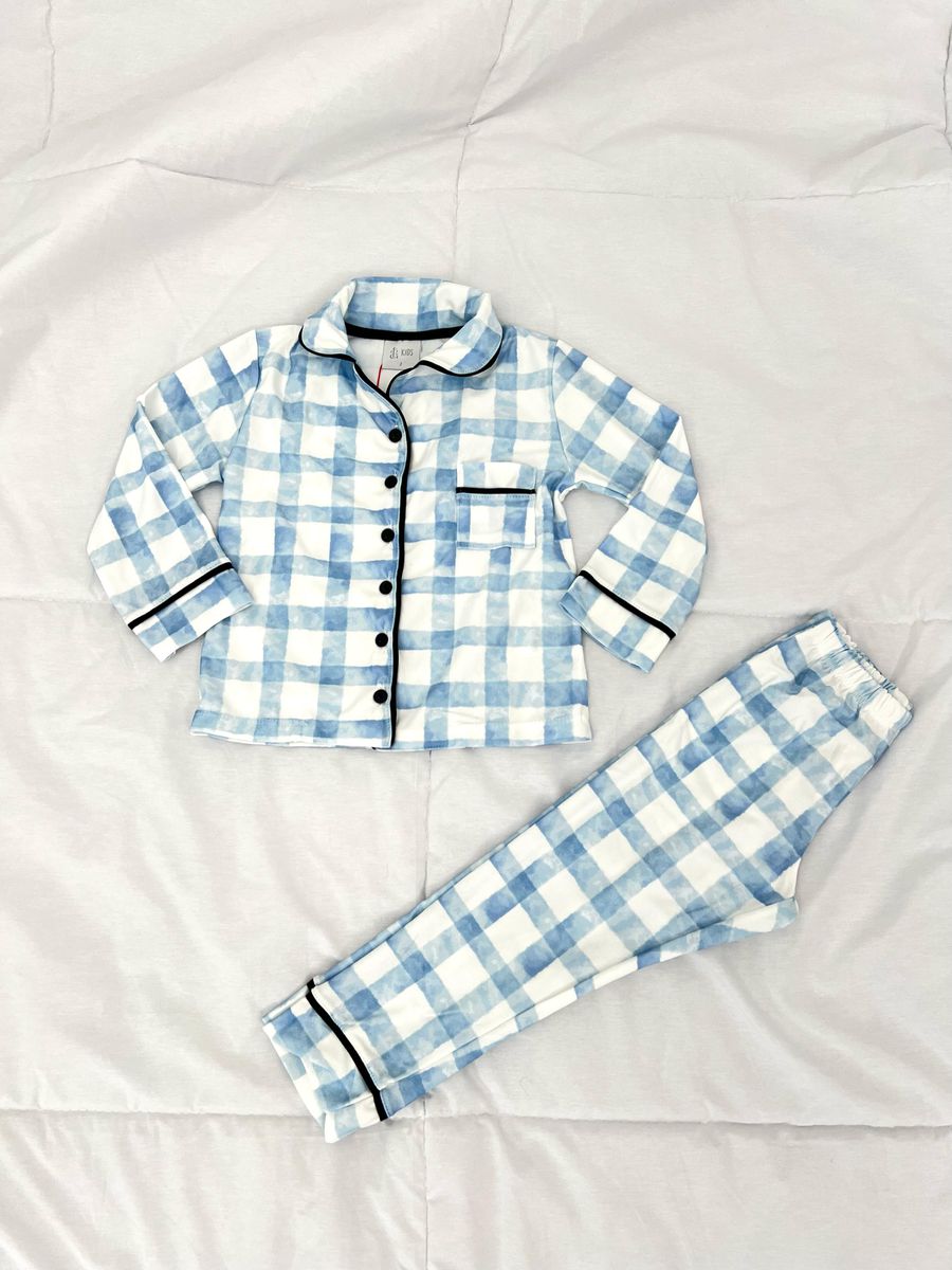 Pijama Infantil Unissex Americano Longo Xadrez Azul