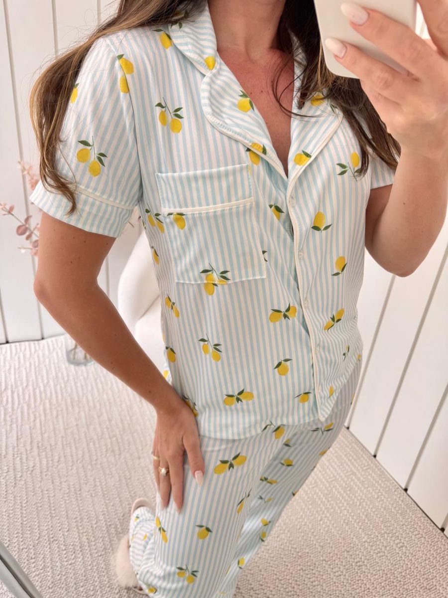 Pijama Feminino Americano Meia Estação Listrado Limão