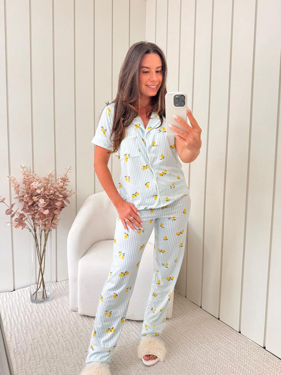 Pijama Feminino Americano Meia Estação Listrado Limão