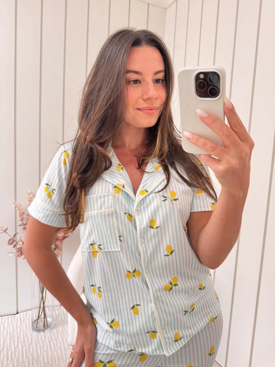 Pijama Feminino Americano Meia Estação Listrado Limão