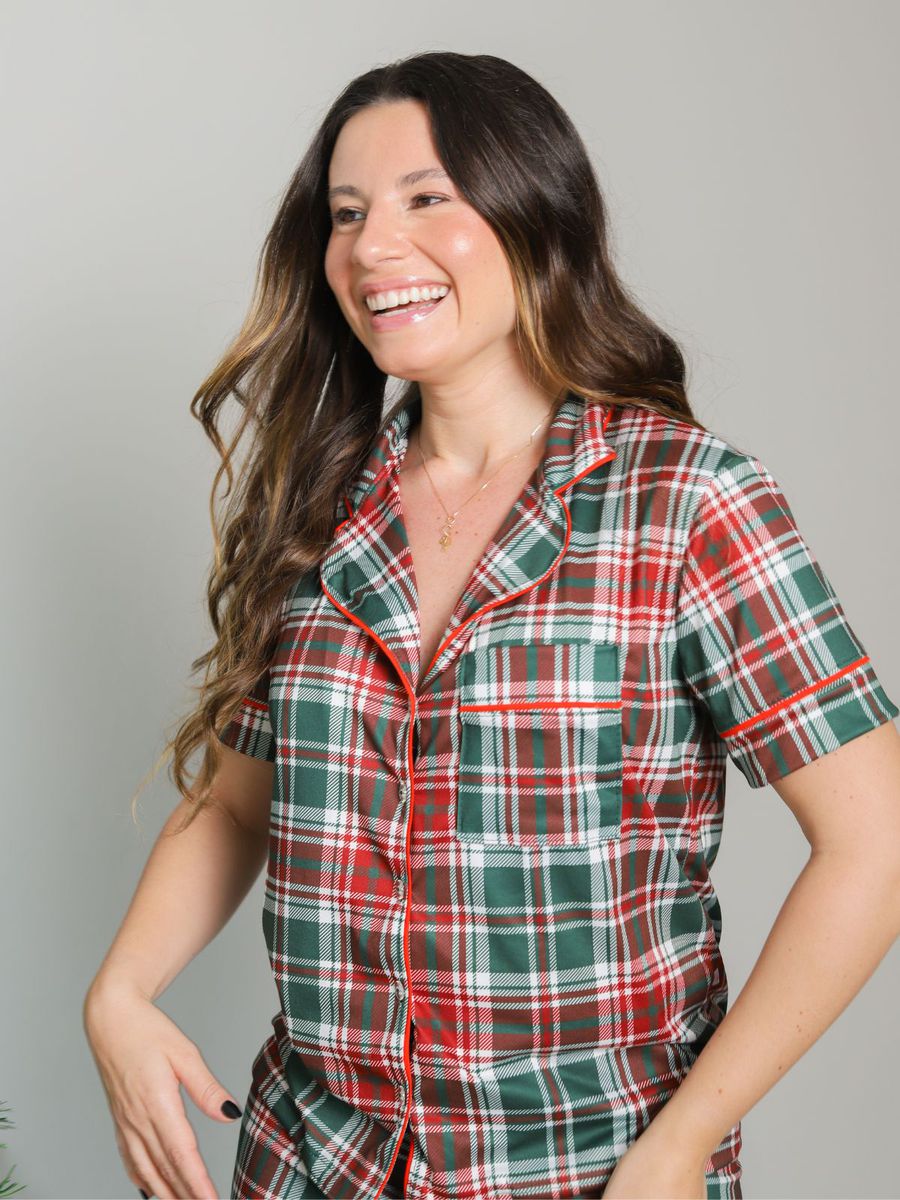 Pijama Feminino Americano Curto Xadrez Natal