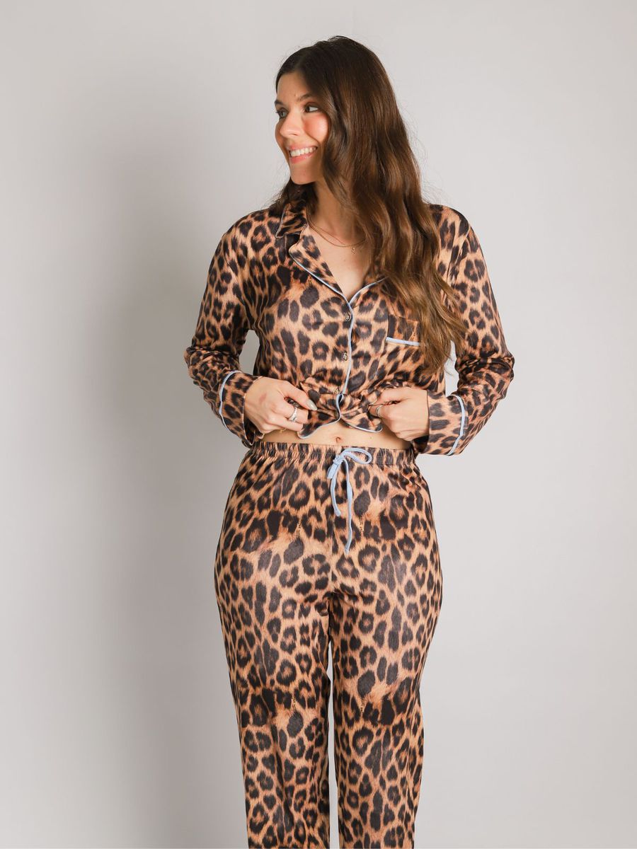 Pijama Feminino Americano Longo Onça Detalhe Azul