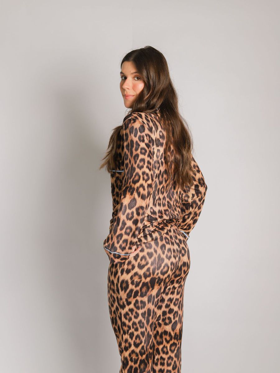 Pijama Feminino Americano Longo Onça Detalhe Azul