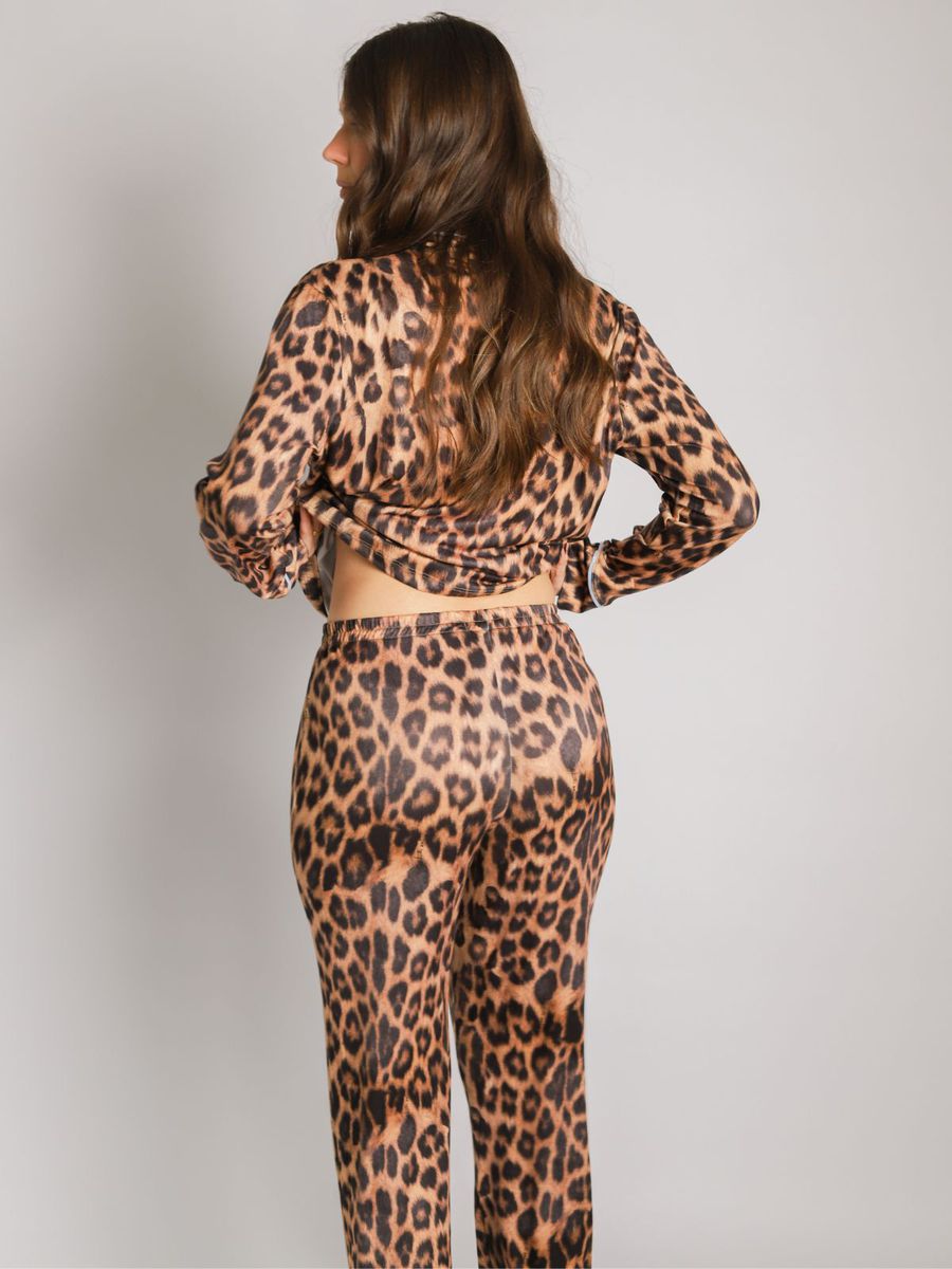 Pijama Feminino Americano Longo Onça Detalhe Azul