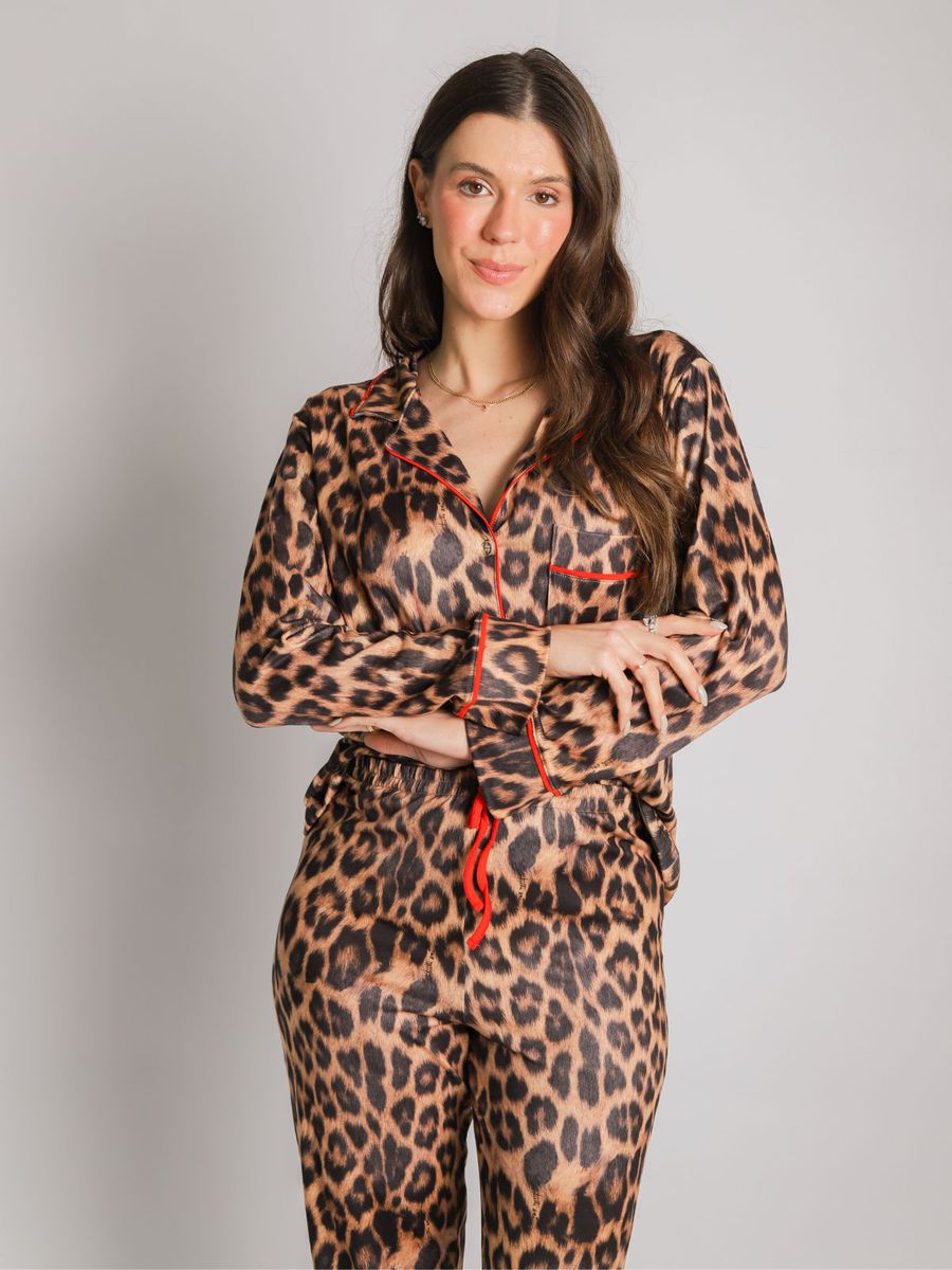 Pijama Feminino Americano Longo Onça Detalhe Vermelho