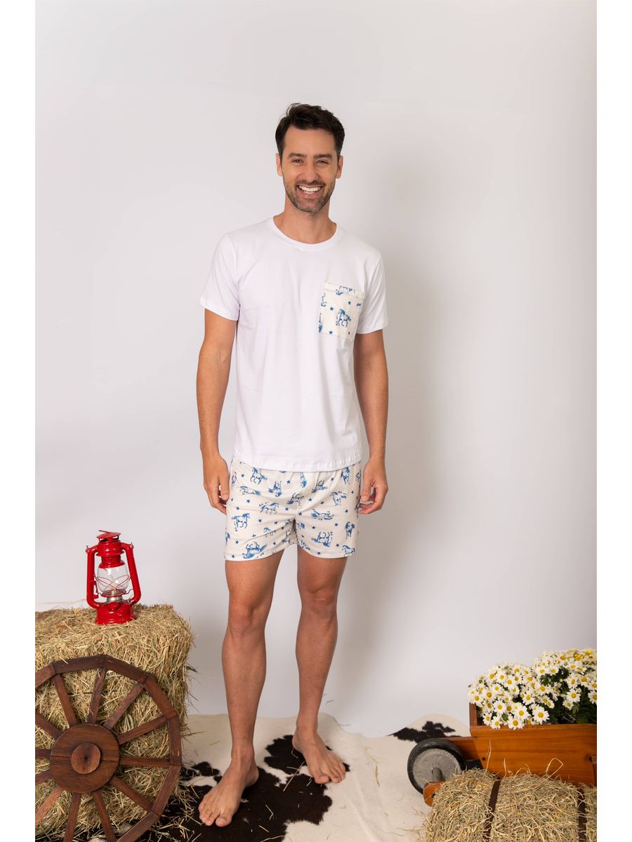 Pijama Masculino Curto Cavalos Estrelas