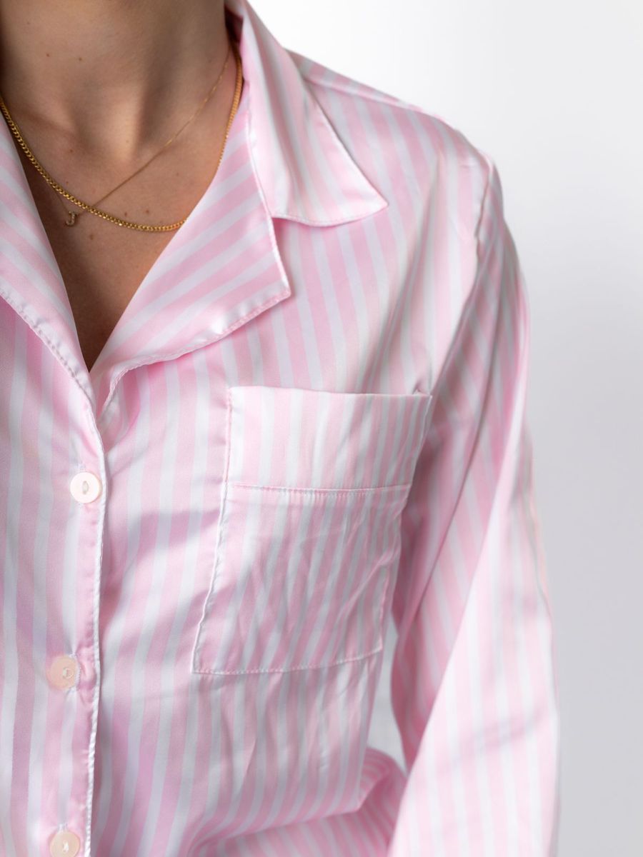 Pijama Feminino Americano Longo Cetim Listras Rosa