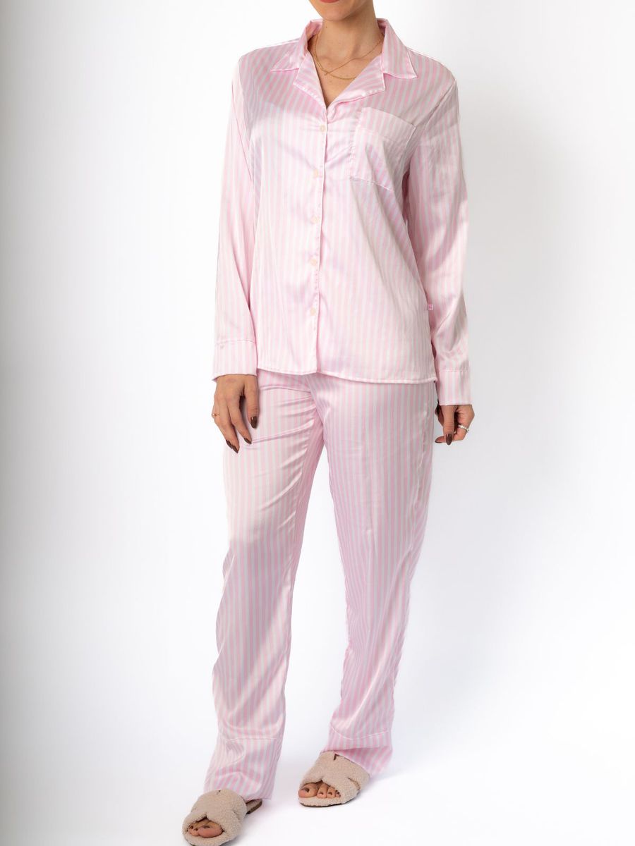 Pijama Feminino Americano Longo Cetim Listras Rosa