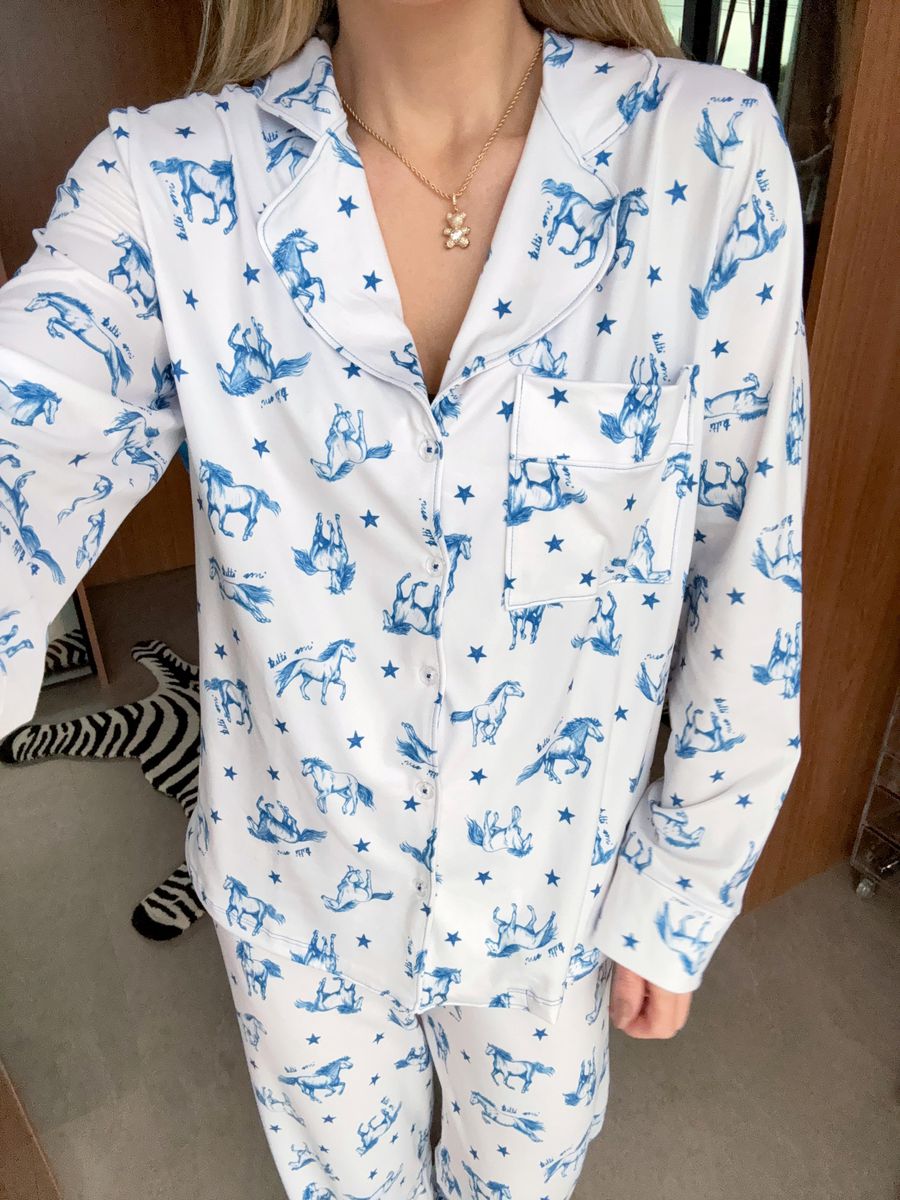 Pijama Feminino Americano Longo Cavalos Estrelas