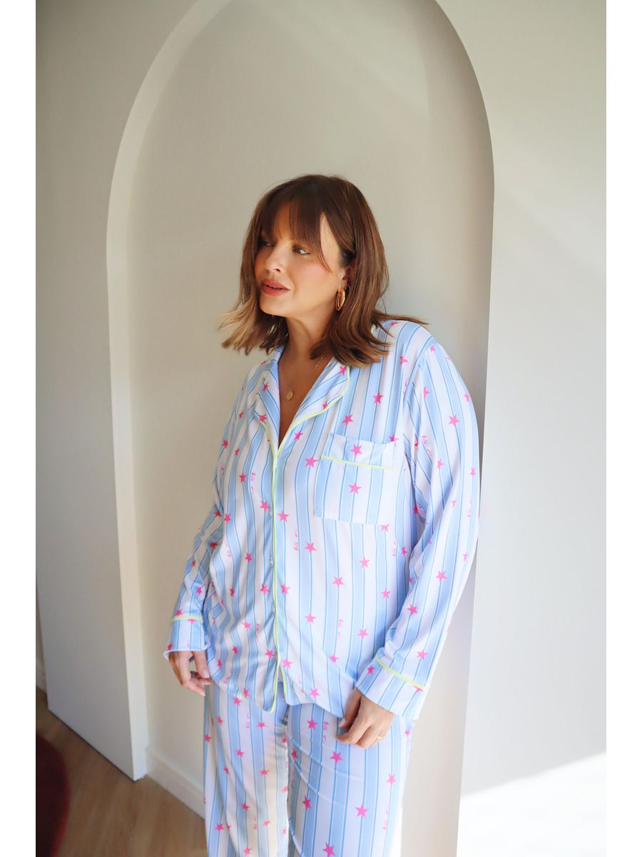 Pijama Feminino Americano Longo Listrado Estrelas