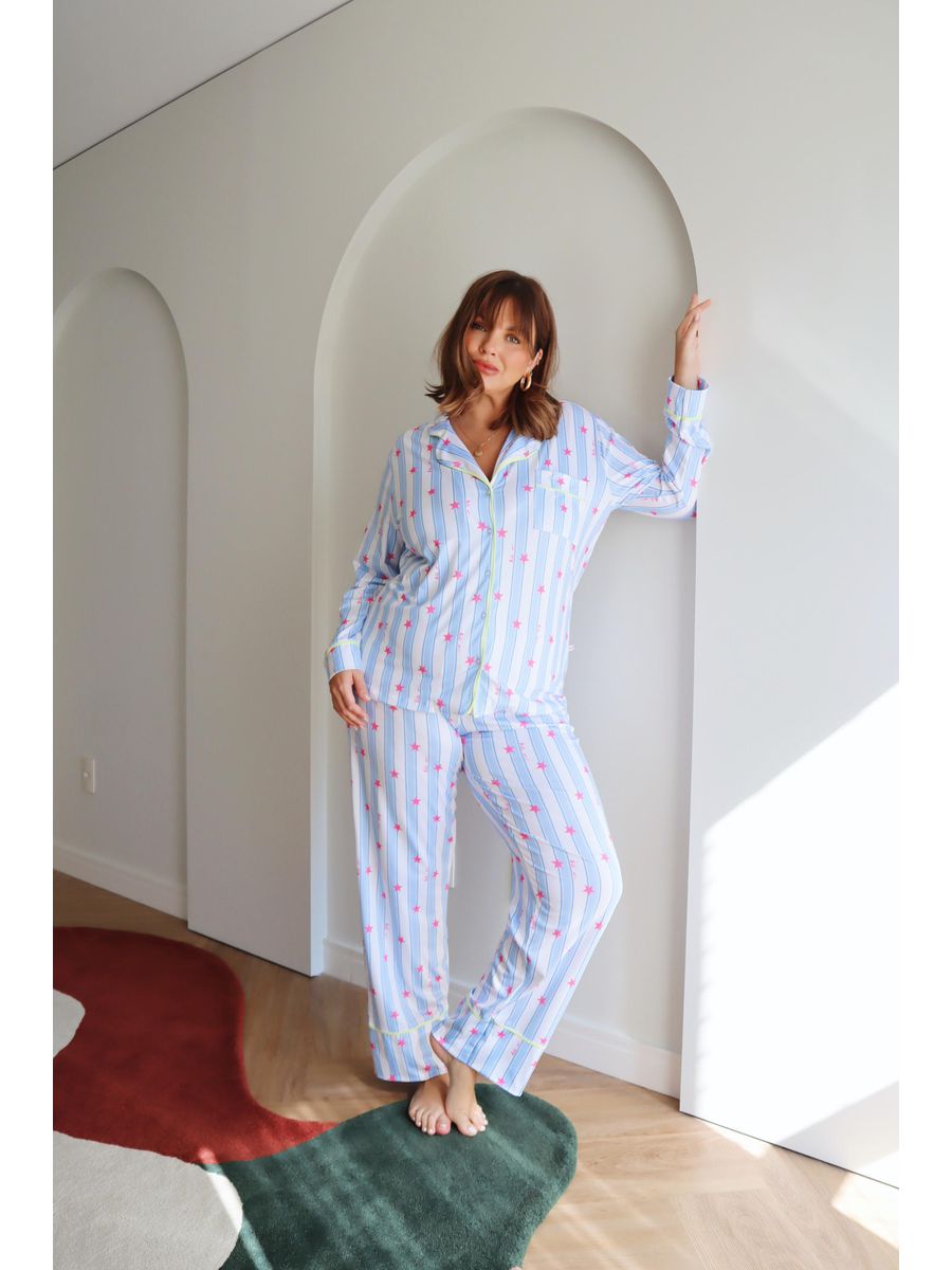 Pijama Feminino Americano Longo Listrado Estrelas