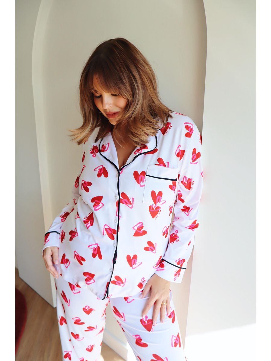 Pijama Feminino Americano Longo Coração Duplo