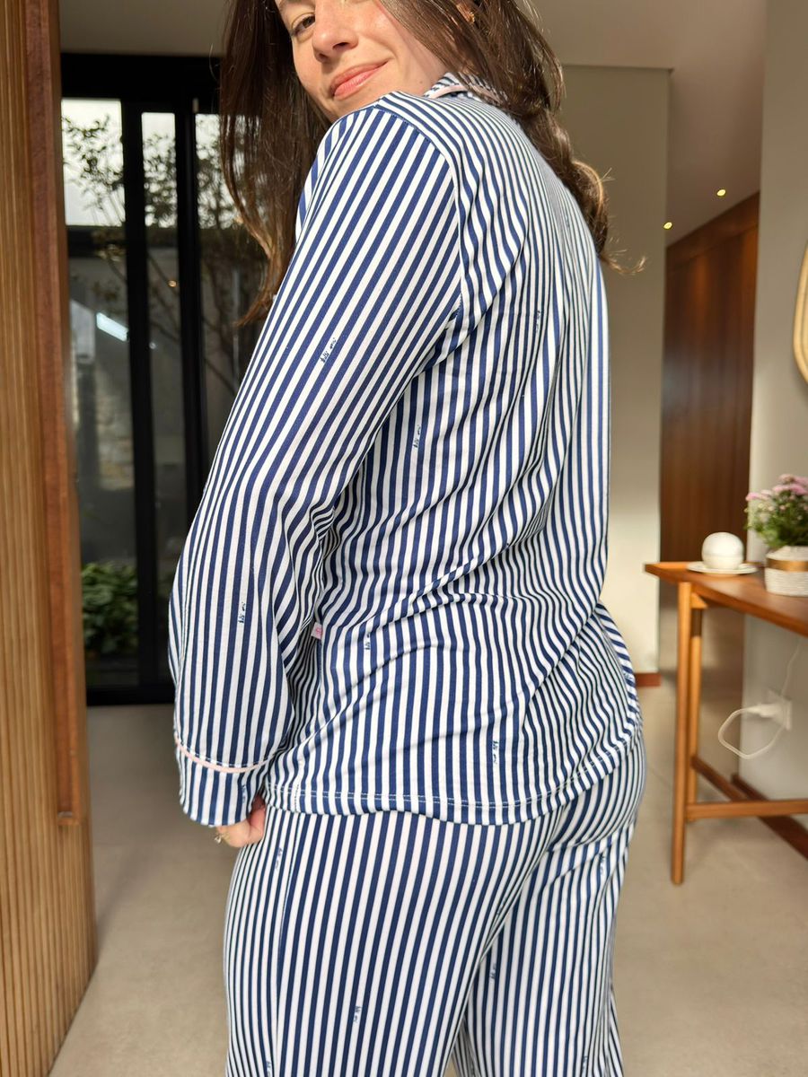 Pijama Feminino Americano Longo Listrado Azul