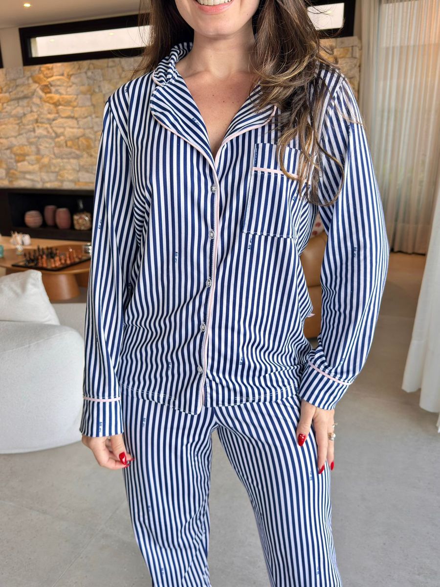 Pijama Feminino Americano Longo Listrado Azul