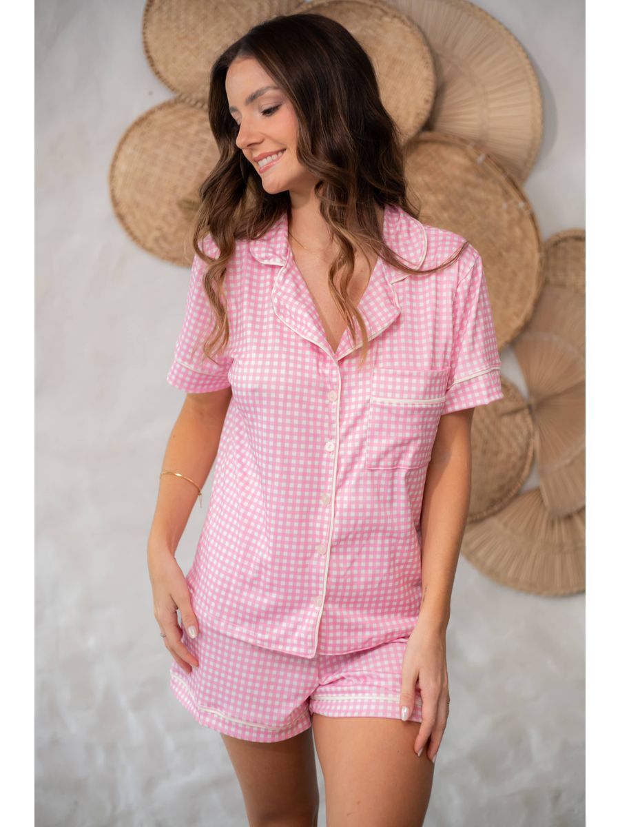 Pijama Feminino Americano Curto Xadrez Branco e Rosa