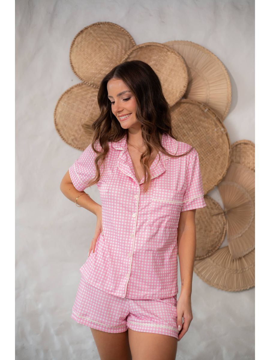 Pijama Feminino Americano Curto Xadrez Branco e Rosa