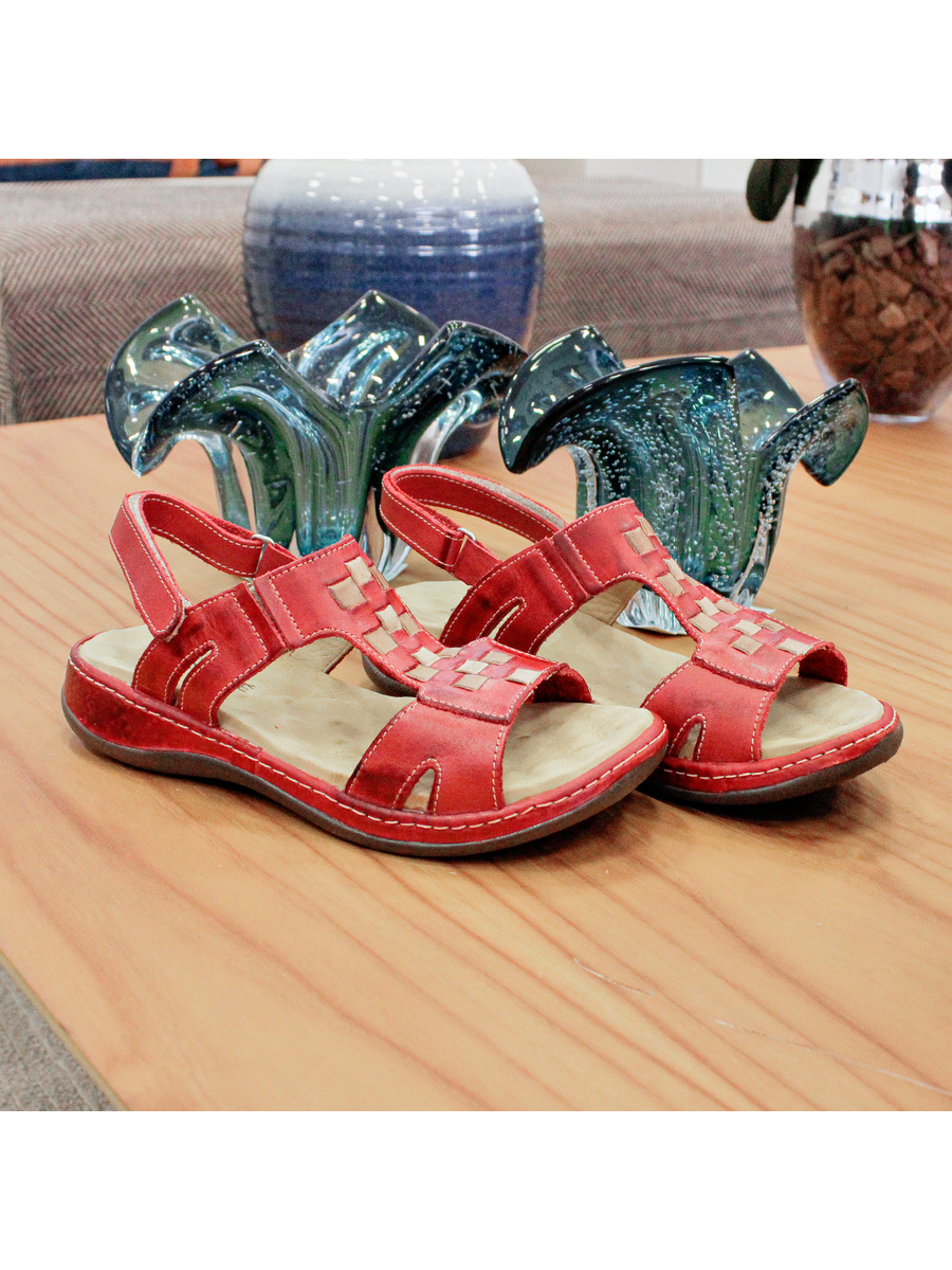 Sandália Feminina Anatômica em Couro Legítimo - SF0030 - Vermelho / Caramelo / Taupe VERMELHO/CARAMELO/TAUPE