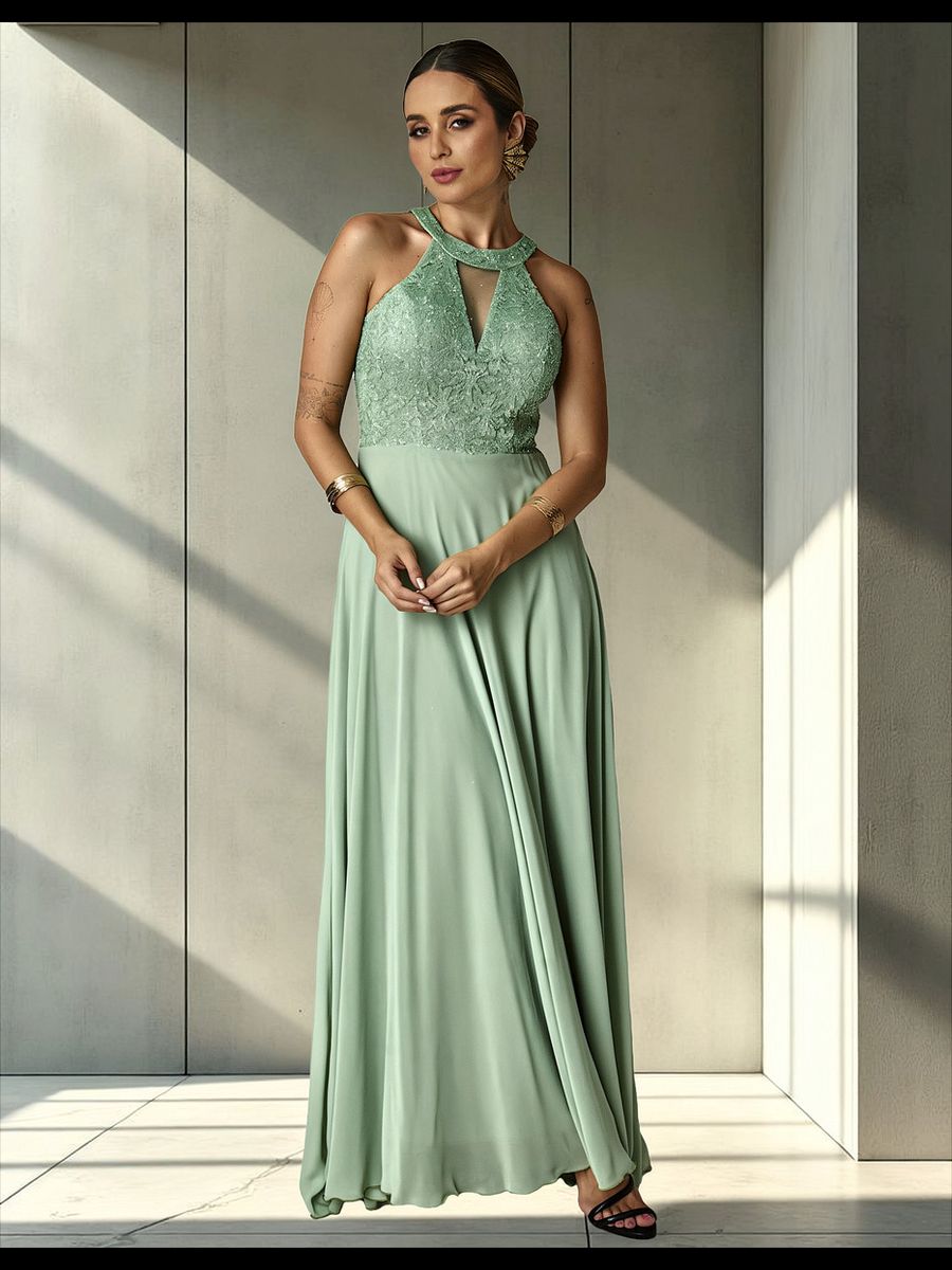 Vestido Longo Gola Americana Com Renda E Chiffon – Elegância Absoluta Para Festas E Casamentos Verde Menta