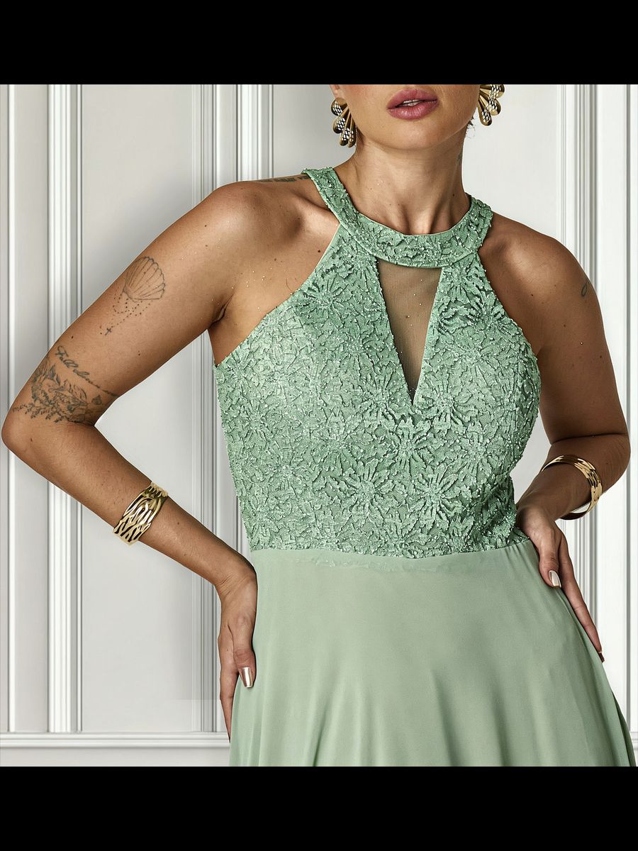 Vestido Longo Gola Americana Com Renda E Chiffon – Elegância Absoluta Para Festas E Casamentos Verde Menta