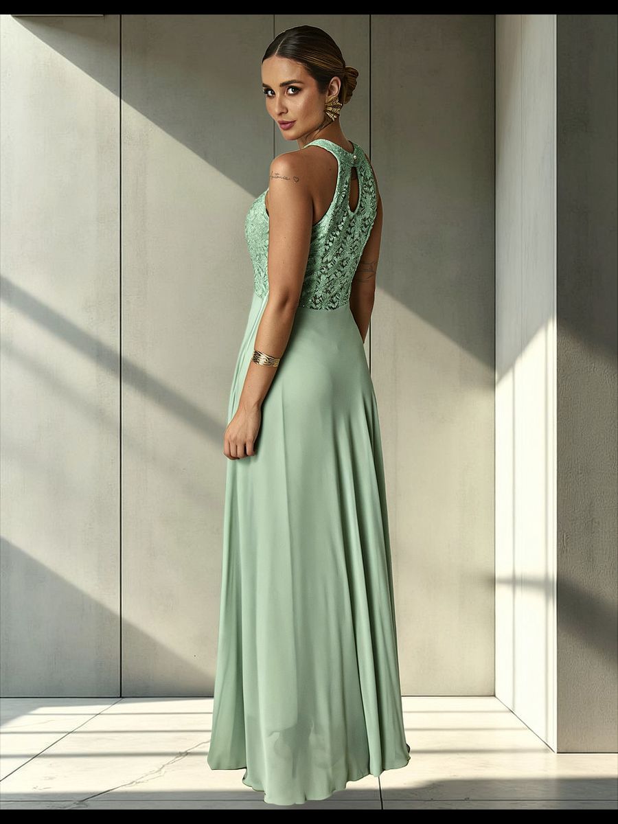 Vestido Longo Gola Americana Com Renda E Chiffon – Elegância Absoluta Para Festas E Casamentos Verde Menta
