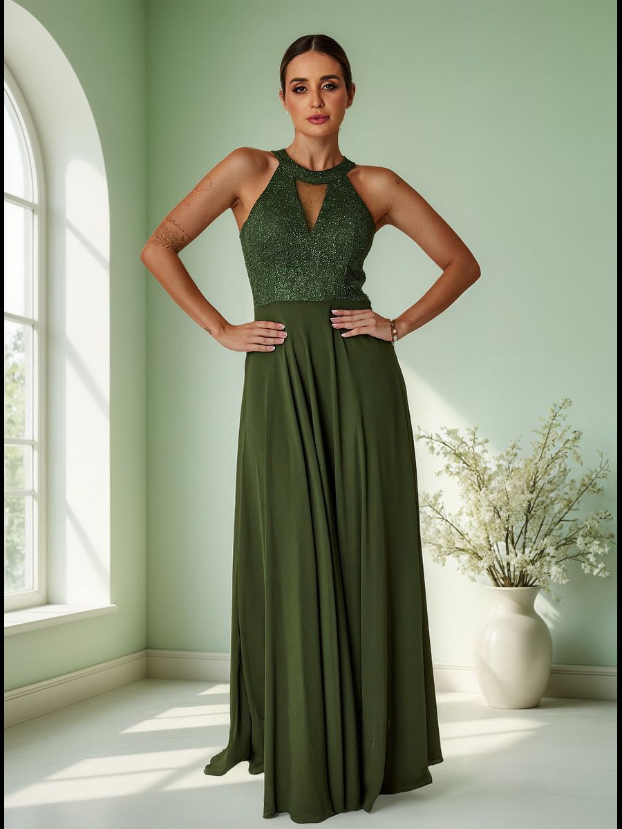 Vestido Longo Gola Americana Com Renda E Chiffon – Elegância Absoluta Para Festas E Casamentos Verde Oliva
