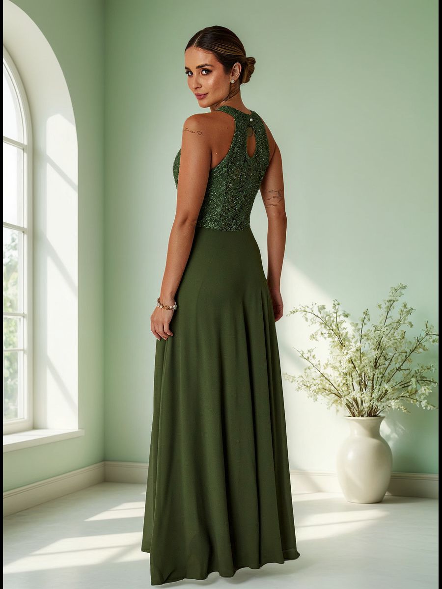 Vestido Longo Gola Americana Com Renda E Chiffon – Elegância Absoluta Para Festas E Casamentos Verde Oliva