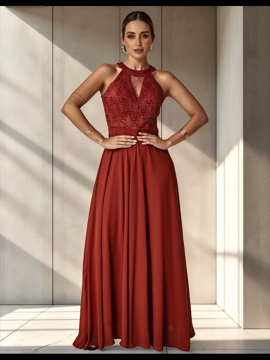 Vestido Longo Gola Americana Com Renda E Chiffon – Elegância Absoluta Para Festas E Casamentos Terracota