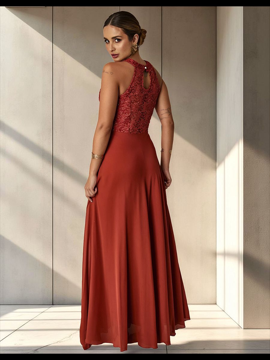 Vestido Longo Gola Americana Com Renda E Chiffon – Elegância Absoluta Para Festas E Casamentos Terracota