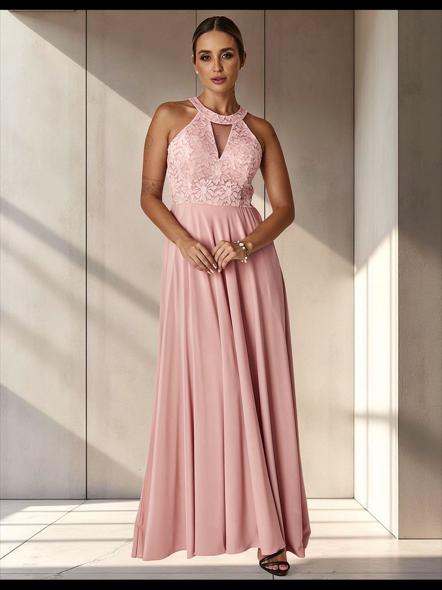 Vestido Longo Gola Americana Com Renda E Chiffon – Elegância Absoluta Para Festas E Casamentos Rose