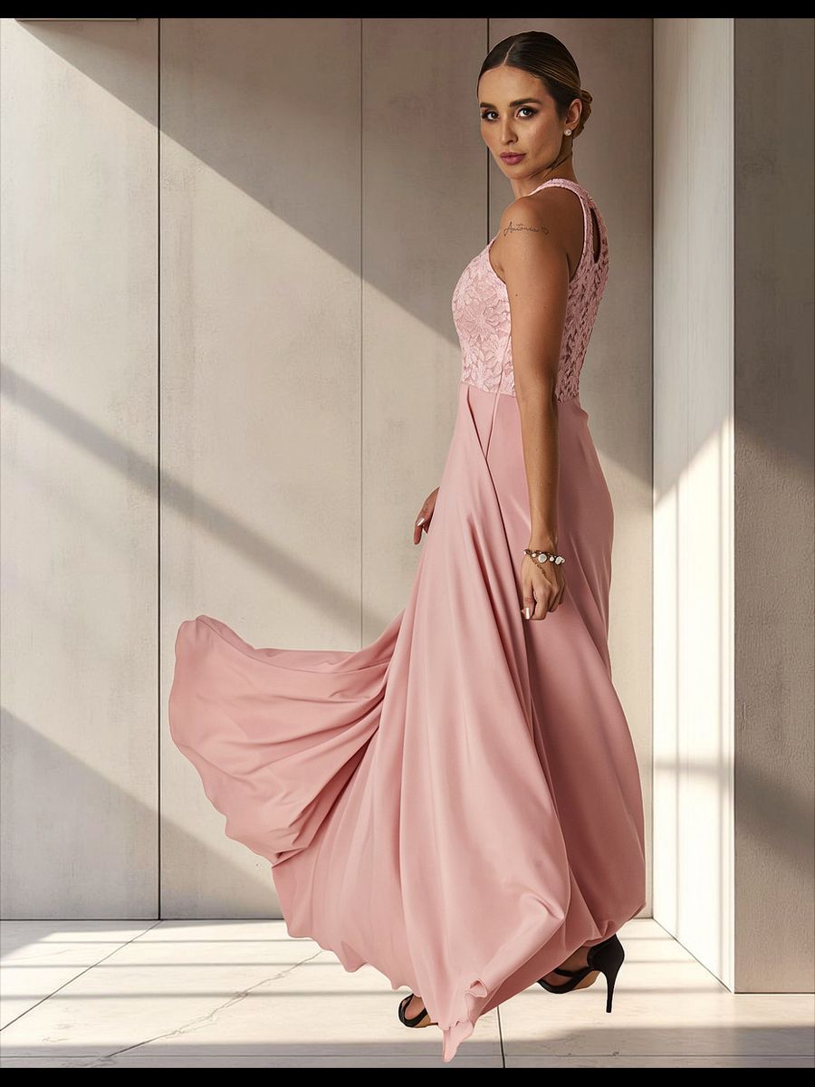 Vestido Longo Gola Americana Com Renda E Chiffon – Elegância Absoluta Para Festas E Casamentos Rose