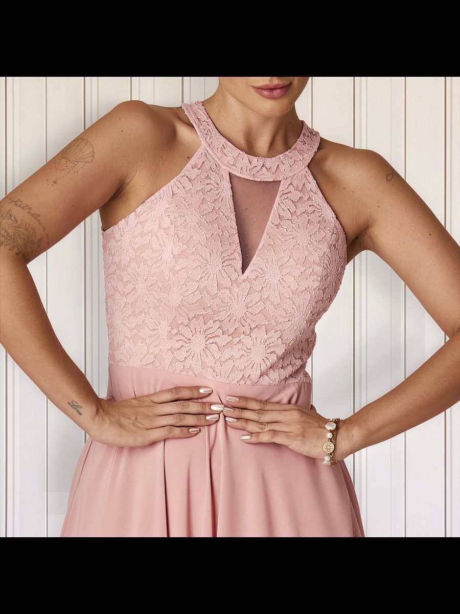 Vestido Longo Gola Americana Com Renda E Chiffon – Elegância Absoluta Para Festas E Casamentos Rose