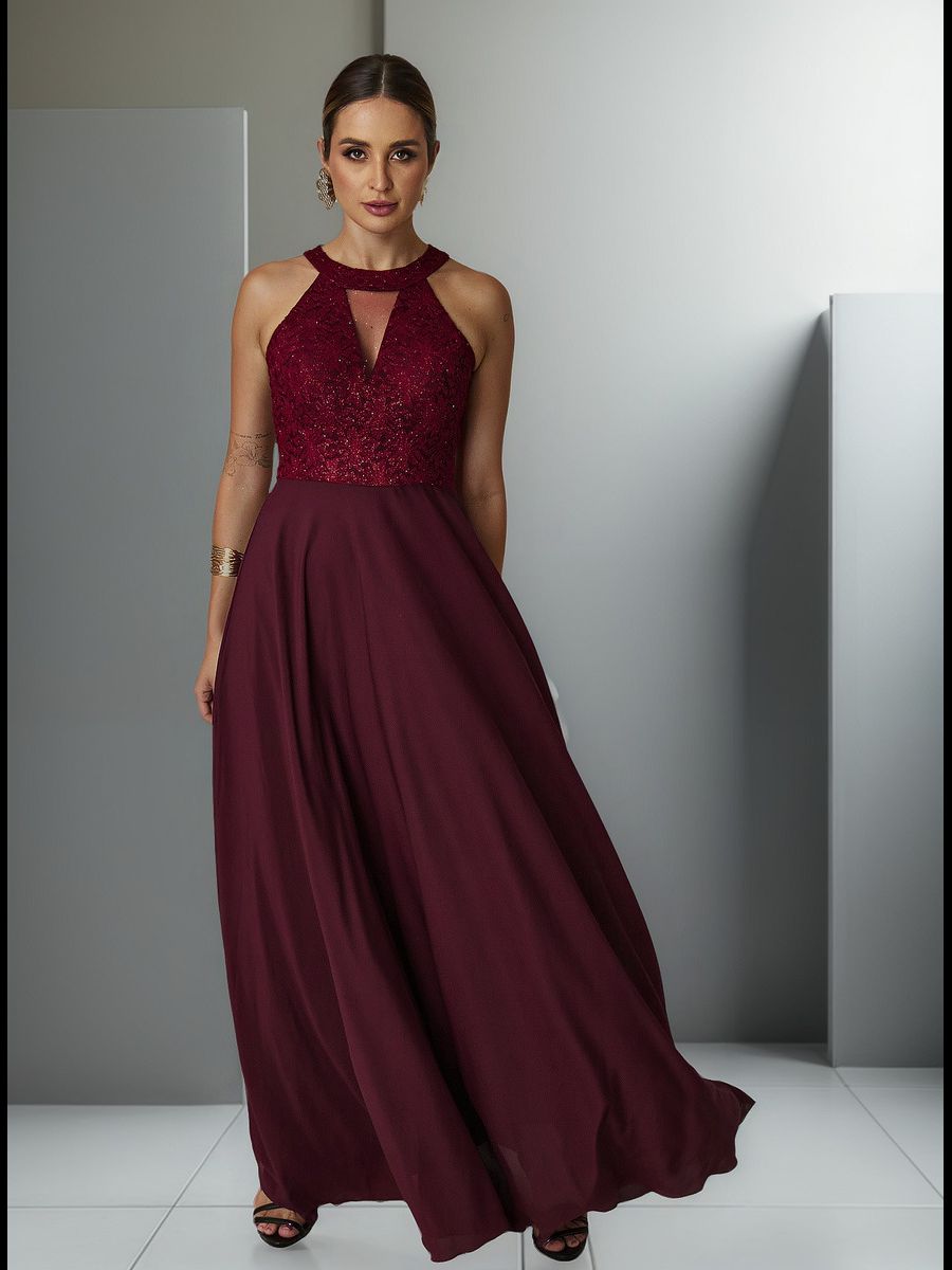 Vestido Longo Gola Americana Com Renda E Chiffon – Elegância Absoluta Para Festas E Casamentos Marsala