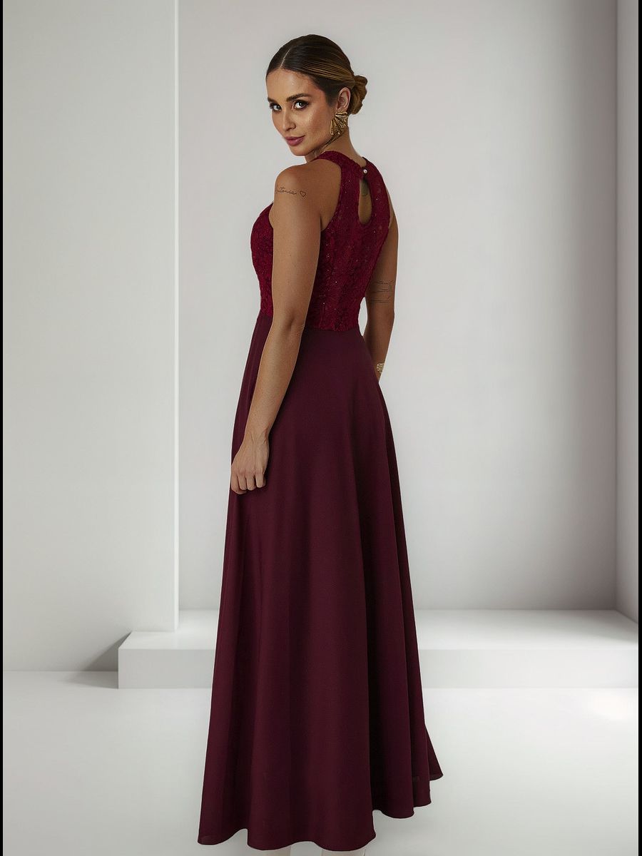 Vestido Longo Gola Americana Com Renda E Chiffon – Elegância Absoluta Para Festas E Casamentos Marsala