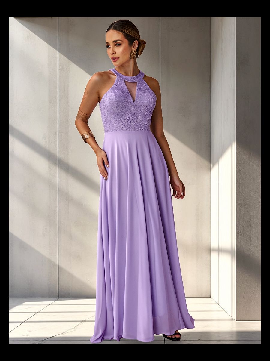 Vestido Longo Gola Americana Com Renda E Chiffon – Elegância Absoluta Para Festas E Casamentos Lilas