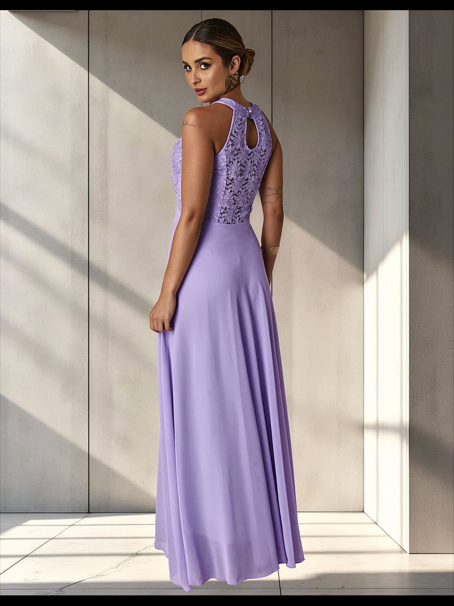 Vestido Longo Gola Americana Com Renda E Chiffon – Elegância Absoluta Para Festas E Casamentos Lilas