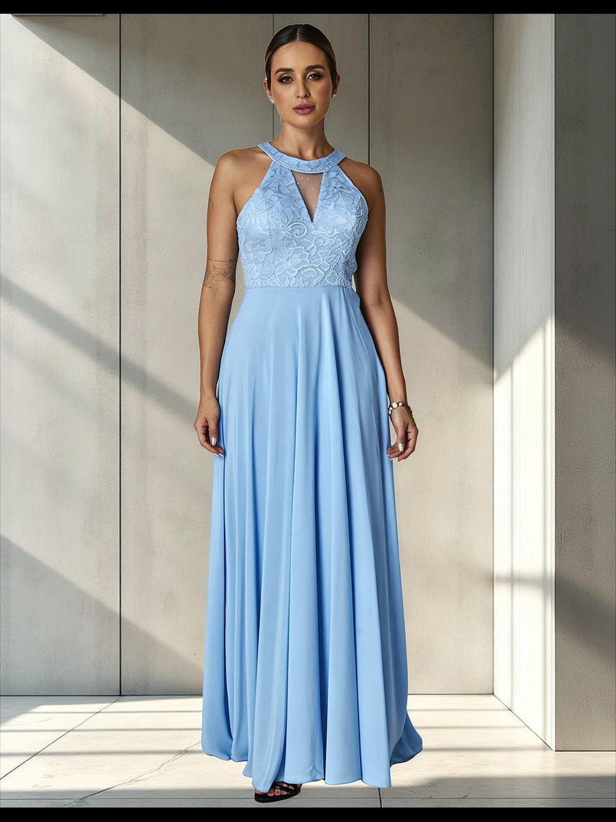 Vestido Longo Gola Americana Com Renda E Chiffon – Elegância Absoluta Para Festas E Casamentos Azul Serenity