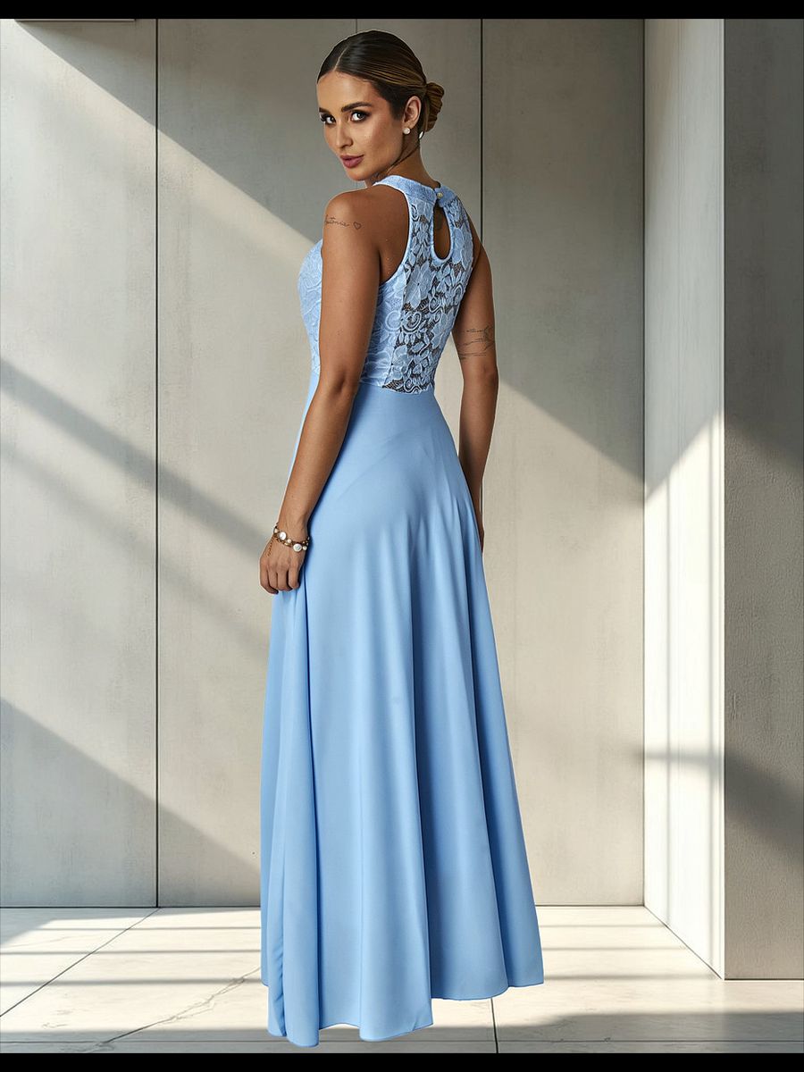 Vestido Longo Gola Americana Com Renda E Chiffon – Elegância Absoluta Para Festas E Casamentos Azul Serenity