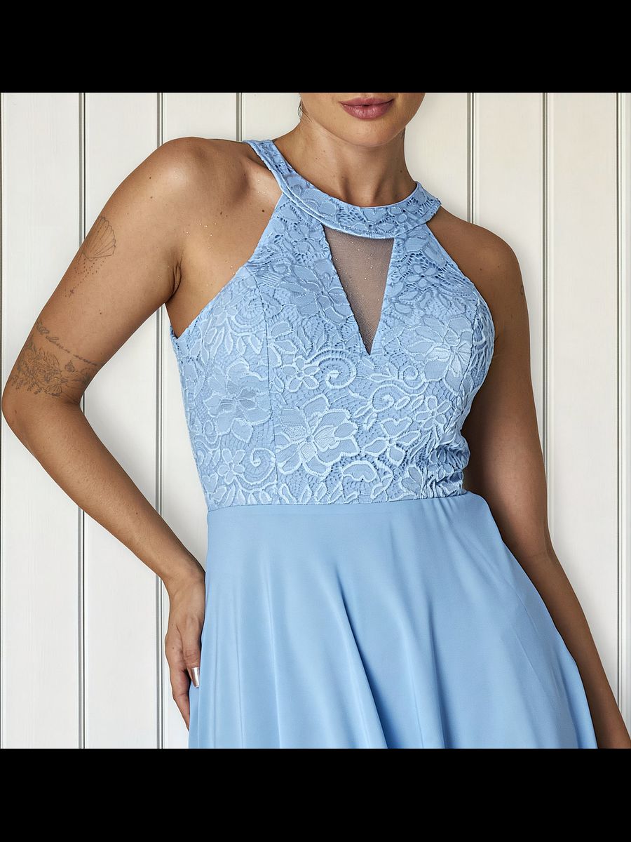 Vestido Longo Gola Americana Com Renda E Chiffon – Elegância Absoluta Para Festas E Casamentos Azul Serenity