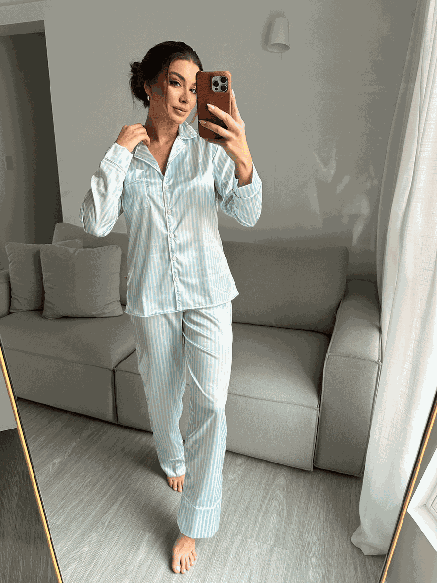 Pijama Feminino Americano Longo Cetim Listras Azul