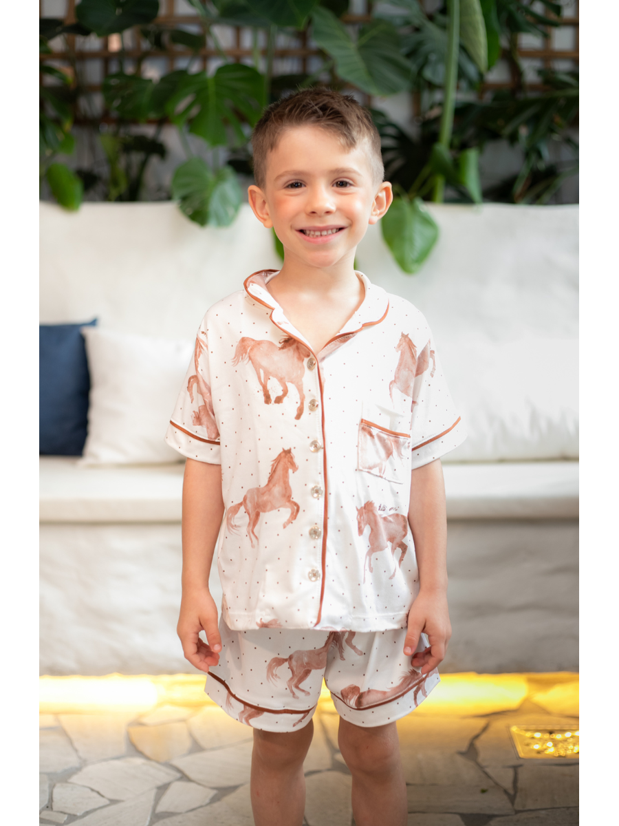 Pijama Infantil Unissex Americano Curto Cavalos