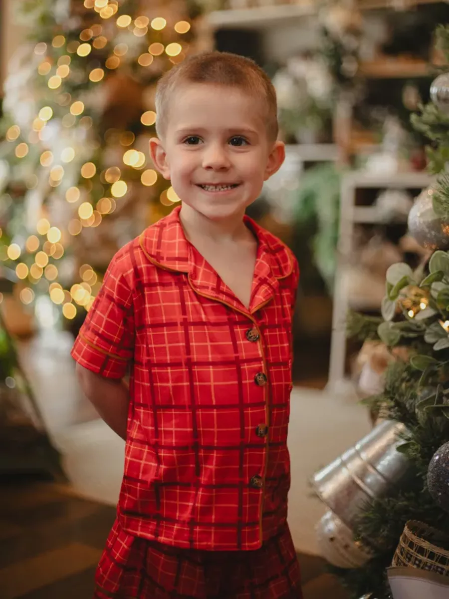 Pijama Infantil Unissex Americano Curto Xadrez Natal
