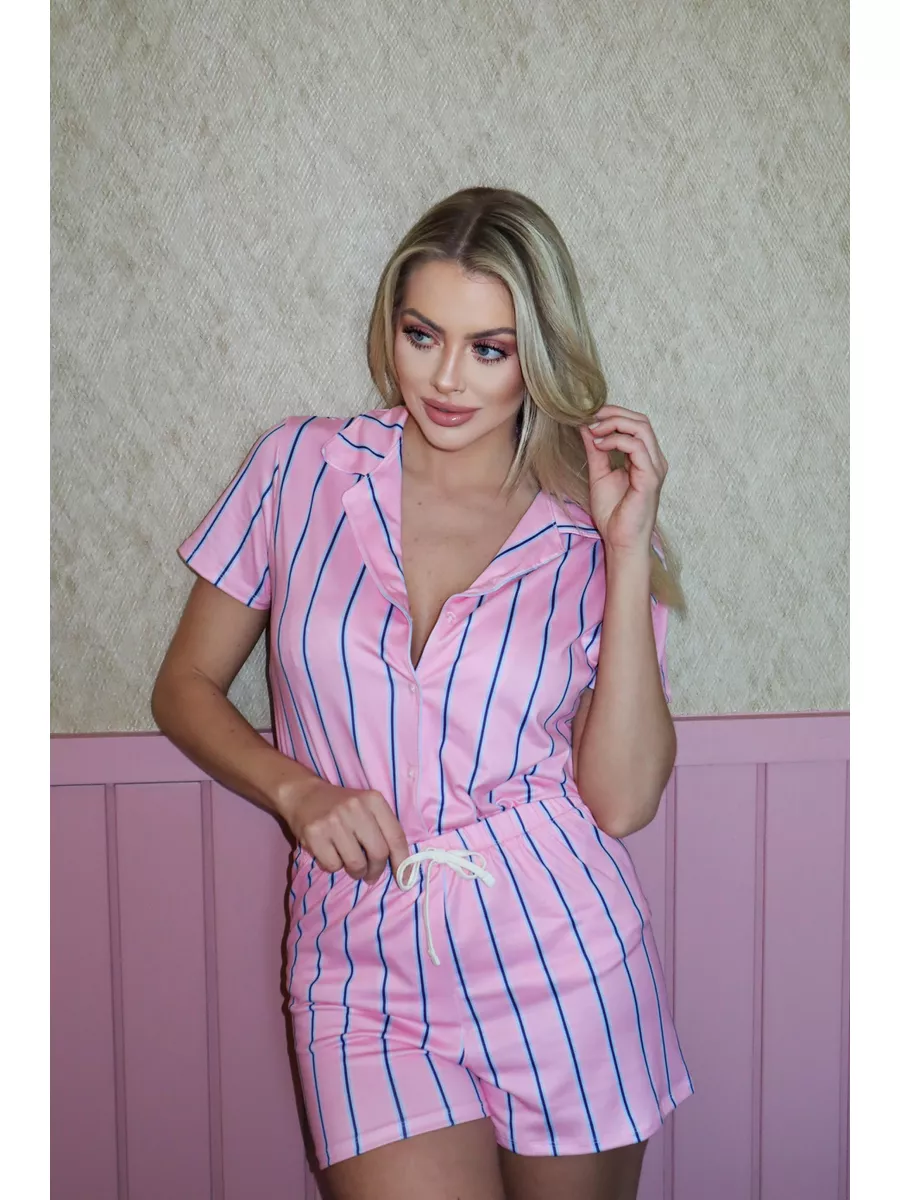 Pijama Feminino Americano Curto Listrado Rosa e Azul