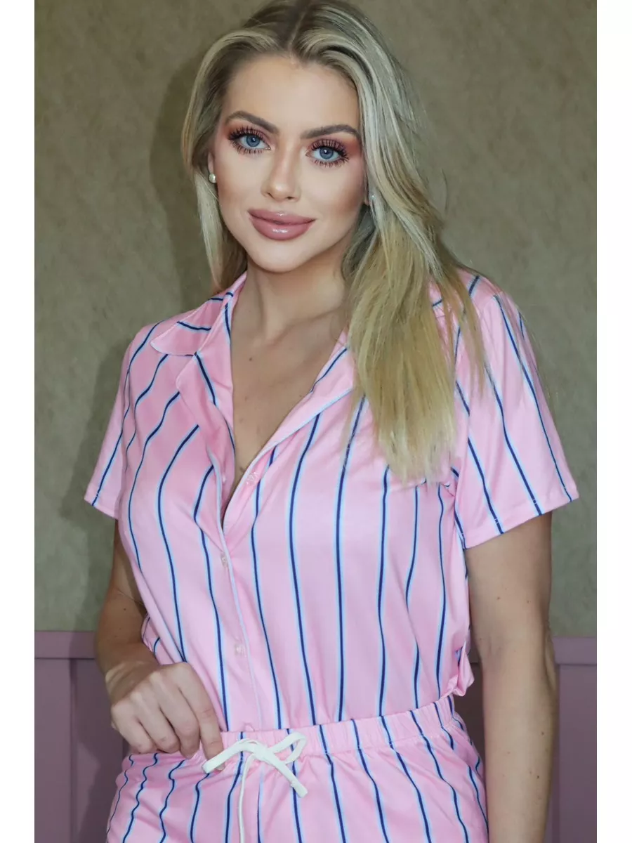 Pijama Feminino Americano Curto Listrado Rosa e Azul