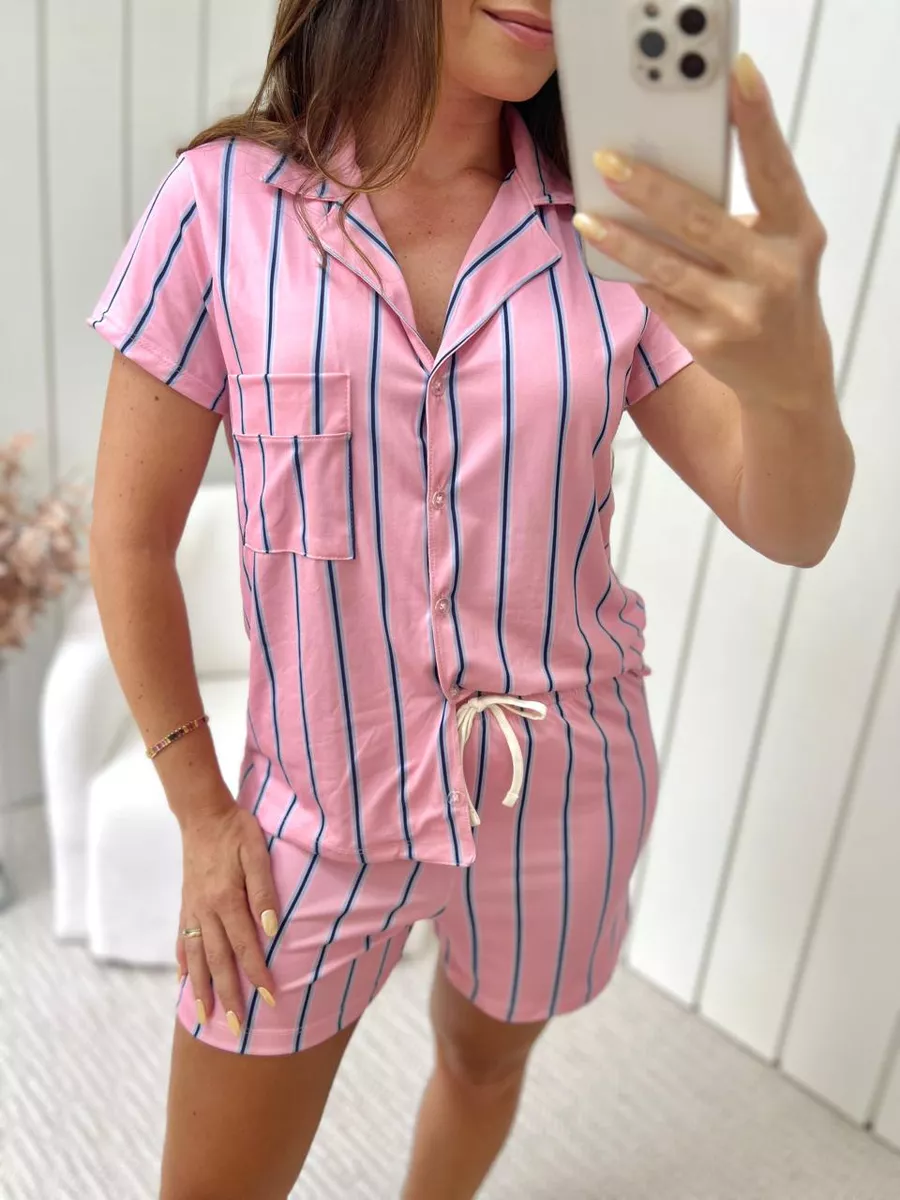 Pijama Feminino Americano Curto Listrado Rosa e Azul