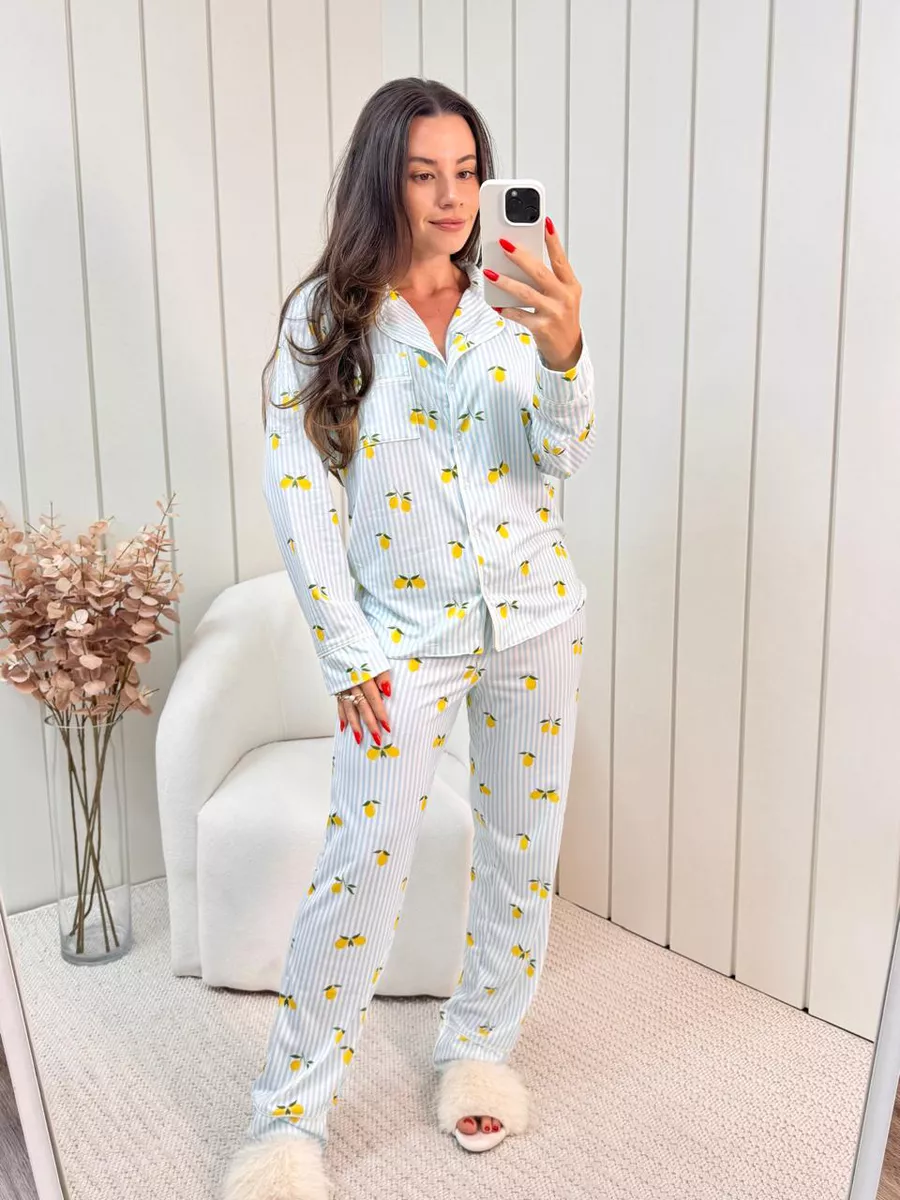 Pijama Feminino Americano Longo Listrado Limão