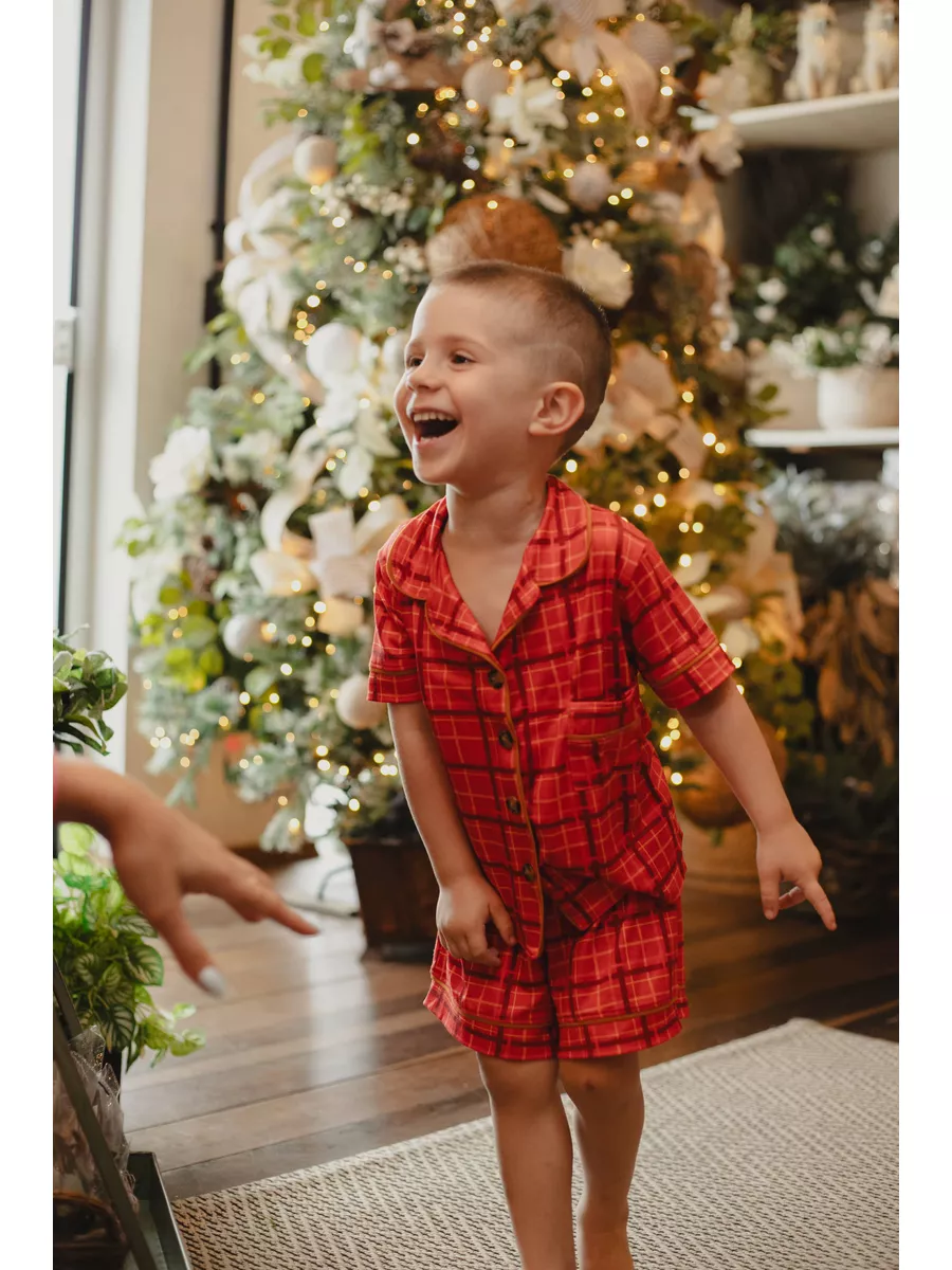 Pijama Infantil Unissex Americano Curto Xadrez Natal
