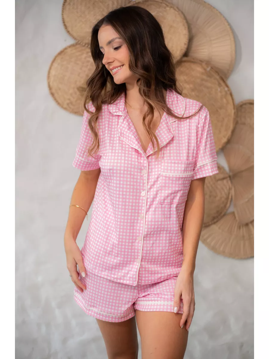 Pijama Feminino Americano Curto Xadrez Branco e Rosa